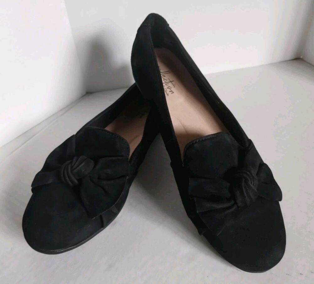 Clarks Collection NEW Gracelin Jonas Black Bow Suede Flat 8Wide Ultimate Comfort